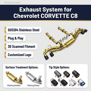Système d'échappement OEM Boska pour Chevrolet Corvette C8 2019+ avec downpipe à flux libre plaqué or, tuyau de test et section arrière avec valve OEM - Product Image 1