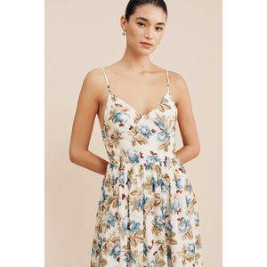 Women's Boho Dress Sexy <strong>Halter</strong> Front Slit Sleeveless Printed <strong>Satin</strong> With Embroidered Craft square Collar - Product Image 1