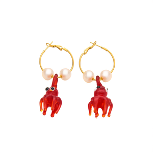 Boucles d'oreilles créoles en acier inoxydable plaqué or avec breloques homard rouge et perles, bijoux de mode - Product Image 2
