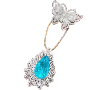Perhiasan Fashion grosir kalung batu permata biru laut bersinar berlian berlapis emas 18K tetesan air berbentuk api Barcelona