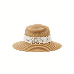 Sombrero de paja con ribete de encaje blanco, ala ancha, sombrero de protección solar para la playa de verano para mujer, accesorio de moda para exteriores - Product Image 2