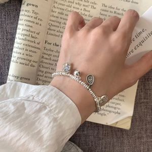 S925 Sterling <b>Silver</b> Bracelet With Fu Charm <b>Beaded</b> Elastic Rope Chinese Style Everyday Wear Unisex Jewelry - Product Image 3