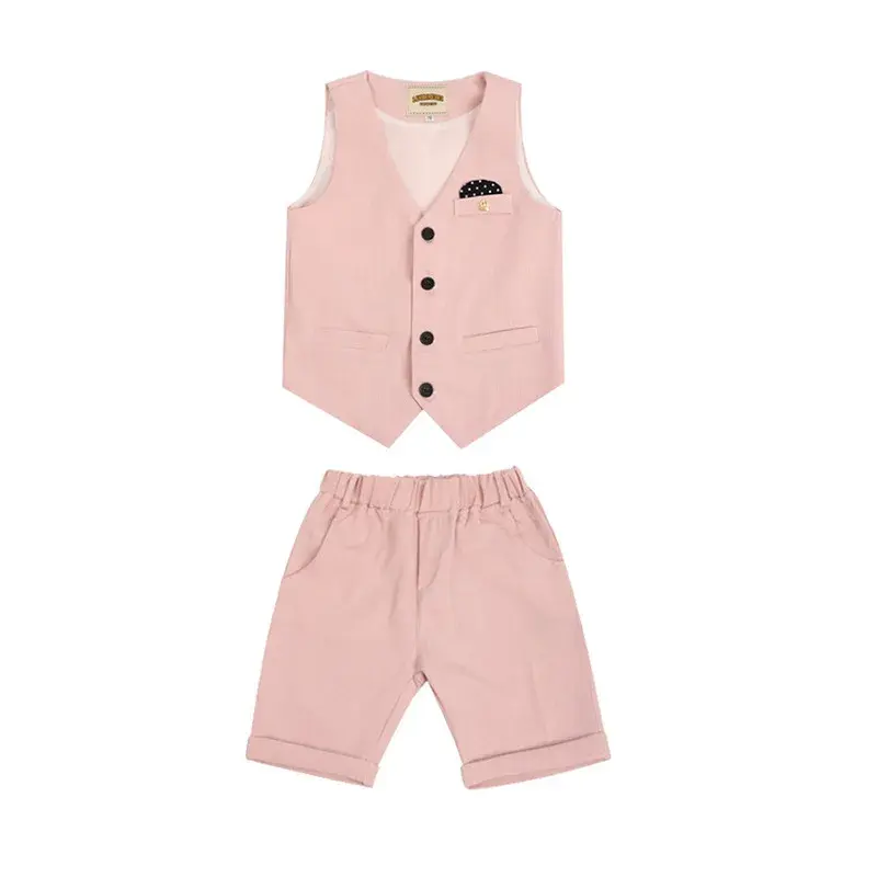 Colete de verão para meninos, camisa, shorts, vestido formal, colete de cor sólida, conjunto de roupas de casamento, uniforme infantil, smoking infantil