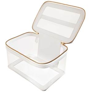 Custom Premium Clear TPU Recycled Saffiano Leather Trim Handle Toiltery <b>Large</b> Capacity Cosmetic <b>Bag</b> White Jumbo Train Case - Product Image 2