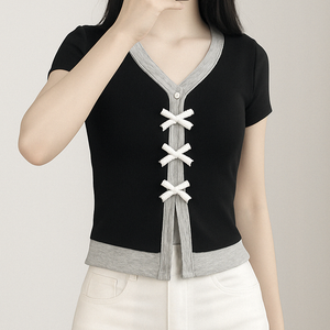 Camisetas ajustadas de algodón con cuello en V para mujer, camisetas de manga corta con lazo, Camiseta deportiva transpirable con logotipo personalizado, venta al por Mayor de verano - Product Image 3