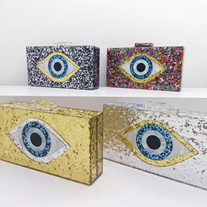 กระเป๋าสะพายไหล่แบบโซ่ กระเป๋าคลัทช์อะคริลิคทรงกล่องหลากสี ประดับกลิตเตอร์ ลายตาปีศาจ สำหรับงานเลี้ยงกลางคืน เหมาะสำหรับผู้หญิง - Product Image 3