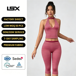 Completo Casual da <span class=keywords><strong>Donna</strong></span> in Cotone Lavorato a Maglia, Due Pezzi: T-shirt Corta a Righe e Pantaloni Aderenti - Product Image 2