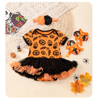 Setelan Pakaian Bayi Perempuan Halloween Katun Grosir, Gaun Romper Motif Labu Tengkorak Kartun dan Bando