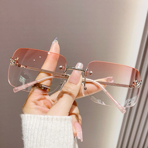 Square <b>Frameless</b> Sunglasses With Rhinestone Butterfly Design Gradient Color Metal <b>Frame</b> UV400 For Women - Product Image 1