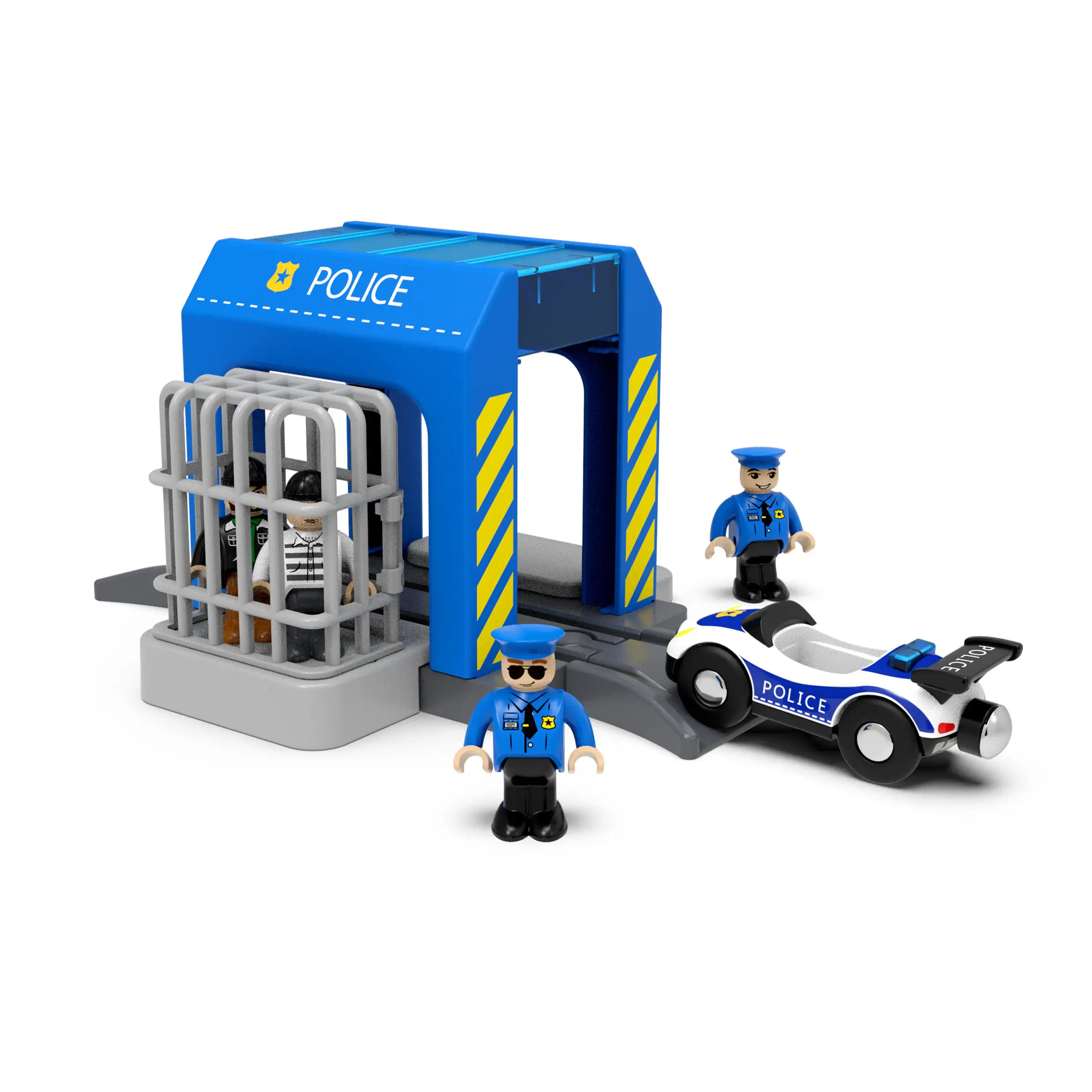 चुंबकीय पुलिस कार श्रृंखला विस्तार सहायक उपकरण शामिल हैं जो लकड़ी के ट्रेन पटरियों के खिलौने के साथ संगत हैं।