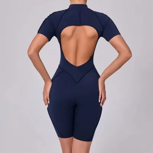 Body de Manga Corta a la Moda para Mujer, Diseño con Media Cremallera y Espalda Descubierta, Prenda Deportiva de Yoga Todo en Uno - Product Image 3