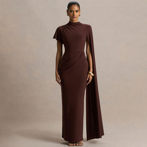 Robe de soirée pour femme, col rond, manches courtes, plissée asymétrique, longue, confortable, taille naturelle, tenue décontractée - Product Image 2