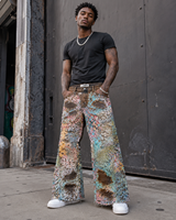 DiZNEW Jeans en denim premium délavé à la boue pour hommes, avec superposition de dentelle florale arc-en-ciel, coupe ample et jambe large, logo personnalisé, usine OEM