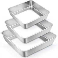 Ensemble de 3 plats de cuisson en acier inoxydable, rectangulaires, profonds, finition miroir poli, poignée à boucle, rivetés, emboîtables