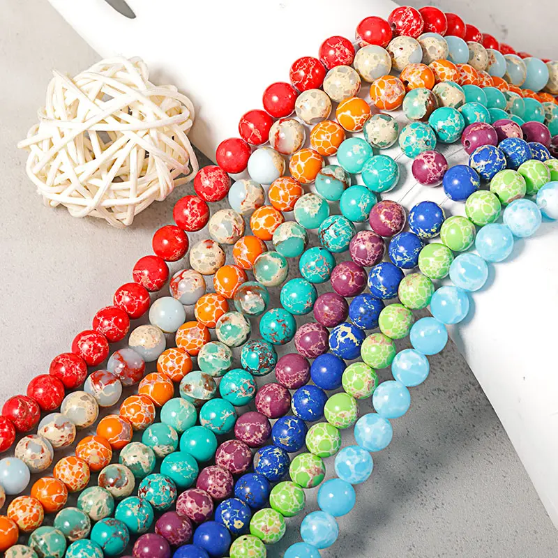 Perles de jaspe impérial colorées, perles de sédiments de mer, perles rondes naturelles en vrac pour la fabrication de bijoux