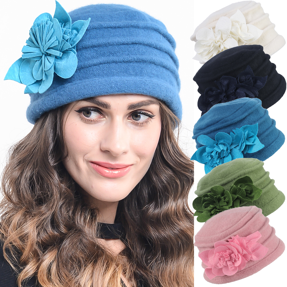 Fashion Lady Floral 100% Wool Dress Cloche Bucket Beanie Winter Hat 1920s  France Style Lady Wool Floppy Fedora Hat