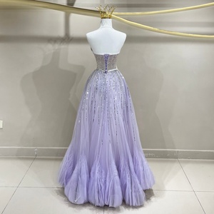 JFH89 Vestidos de Noche Vintage con Cuello Barco Brillante, Lentejuelas Moradas, Lazo de Cristal, Cintura Natural de Gasa, Corte A y Cola Capilla - Product Image 2