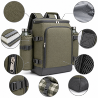Sac à dos isotherme pour pique-nique en toile vert armée avec couverture et deux porte-bouteilles pour le camping, les activités de plein air et la famille