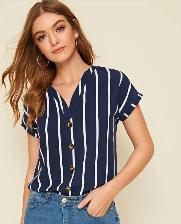Free Samples HSD Fashion Striped V-neck button elegant comfortable short sleeves tops Wholesale blouse women