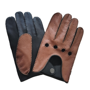 Gants de conduite en cuir de cerf véritable pour <span class=keywords><strong>homme</strong></span> Marron Respirant Confortable Gants de conduite cousus à la main avec bouton pression argenté - Product Image 1