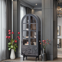 Armoire dôme vintage française avec portes en verre, murale, en bois massif, noire, sur pied, pour salon