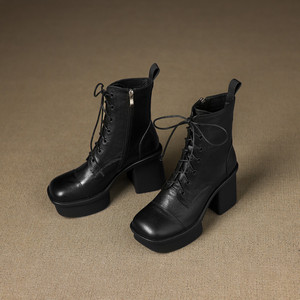 Botas de Mujer de Cuero Genuino Impermeables de Moda, con Cremallera Trasera, Diseño Retro, Tacones Altos y Gruesos, Construcción Duradera - Product Image 2