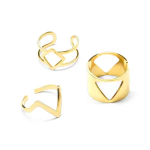 18K Gold Plated Stainless steel geometric triangle square hollow double layer multilayer combination metal split adjustable ring