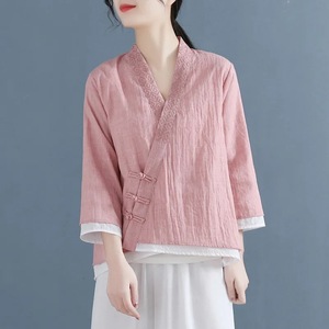 Traditional Chinese Women's Loose Fit Cotton Blouse Three-Quarter Sleeve Pink Embroidery Top - Product Image 1