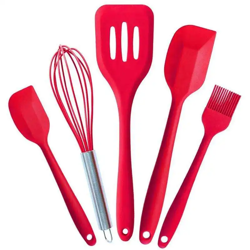 Dayanıklı yüksek sıcaklıklar yapışmaz 5 ürün silikon plastik kırmızı mutfak eşyası Set içerir