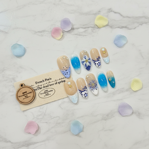 <span class=keywords><strong>Uñas</strong></span> Postizas Estilo Océano Hawaiano con Flores 3D, Forma Almendrada, Hechas a Mano, <span class=keywords><strong>Uñas</strong></span> Falsas con Efecto Degradado - Product Image 2