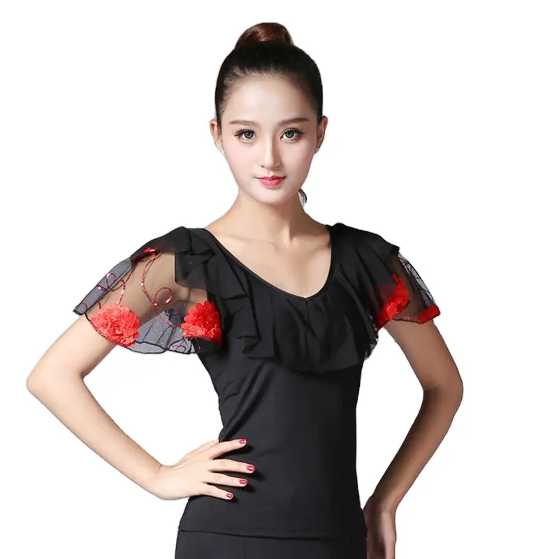 Square Dance Blouse Girls Seven Point Sleeve Coat Female Modern National Practice Suit Top Costumes Rumba Samba Dance Top