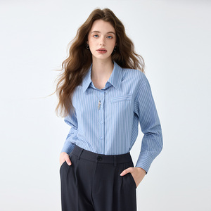Women's Blue Striped Shirt Cotton Poplin Office Wear Elegant Professional Top - Product Image 4
