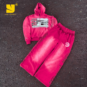 커스텀 겨울 스트리트웨어 프린트 100% 코튼 산성 워싱 프렌치 테리 후드티 스웨트팬츠 조거 세트 디스트레스드 유니섹스 오버사이즈 - Product Image 1