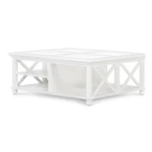 Nuevo diseño estilo Hamptons Mesa de centro de madera de color blanco de 2 niveles con tapa de vidrio