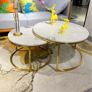 Set di 2 Tavolini da Caffè Moderni Rotondi con <span class=keywords><strong>Piano</strong></span> <span class=keywords><strong>in</strong></span> <span class=keywords><strong>Marmo</strong></span> Bianco e Base Dorata - Product Image 2