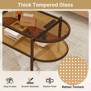 Table basse ovale en verre trempé avec étagère de rangement en rotin à 2 niveaux, cadre en métal imitation bois, table d'appoint pour salon - Product Image 4