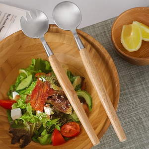 Mango largo decorativo haya madera y acero inoxidable ensalada servir cuchara y tenedor herramientas de ensalada de Metal - Product Image 1