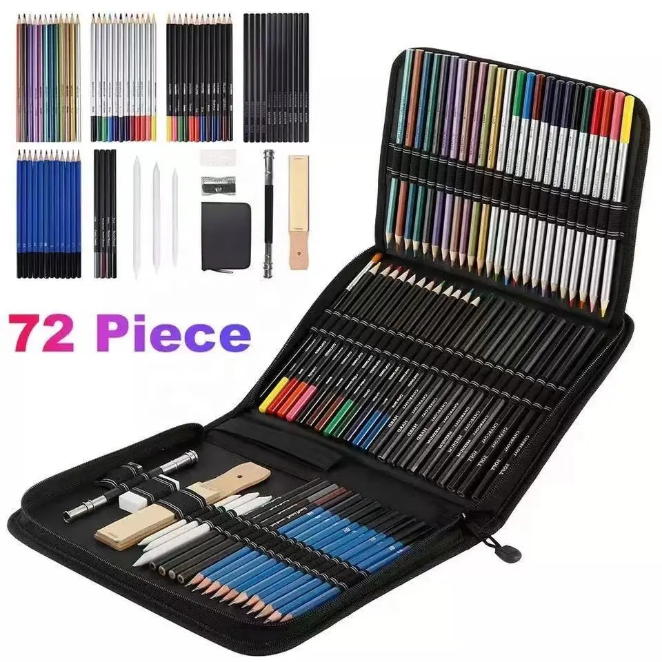 72 조각 미술 용품 아티스트 키트 그리기 도구 전문 스케치 연필 세트 어린이 그리기 용 휴대용 가방