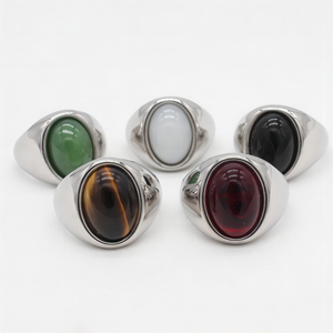 Venta al por mayor minimalista estilo callejero 18K chapado en oro joyería de acero inoxidable geométrico ovalado verde ágata Ojo de Tigre anillo de piedra - Product Image 2