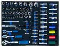 Chariot d'atelier RT TOOL avec 7 tiroirs et un grand coffre latéral, contenant un ensemble de 316 outils électriques et manuels