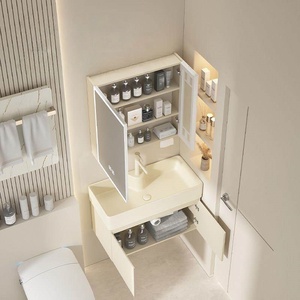 Cream wind multi-layer thick solid wood rock board integrated basin intelligent lighting <b>mirror</b> <b>small</b>-sized bathroom cabinet - Product Image 4