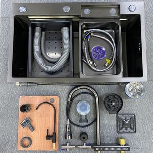 304 Machine-Made Waterfall Square Single Bowl Multifunction Smart Modern Undermount <b>Draining</b> Stainless Steel Kitchen Sink Faucet - Product Image 3