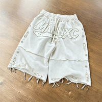 Pantalones Cortos Deportivos Personalizados con Bordado de Diamantes de Imitación, Estilo Vintage, Lavado Ácido, Desgastados, Holgados, 3/4 de Largo para Hombre