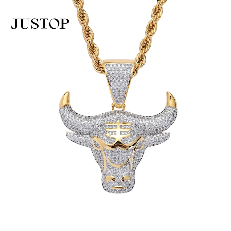 Newest Animal Jewelry Gold Plated Bull Head Pendant Iced Out Cz Pendant Brass Necklace For Men Hip Hop Jewelry