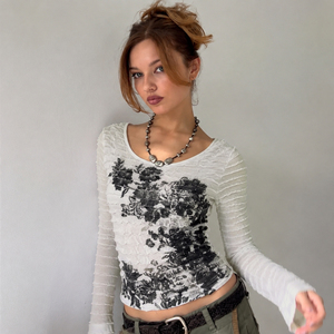 Women's Vintage Y2K Floral Print Knitted Color Block <b>Top</b> Crew Neck <b>Sheer</b> Textured <b>Long</b> <b>Sleeve</b> Casual Streetwear Blouse - Product Image 2
