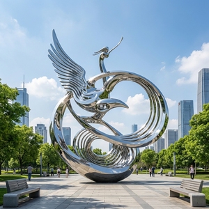 Escultura de acero inoxidable G41 con espejo en forma de bucle de cisne rojo entrelazado, gran estatua metálica para adorno de parque urbano - Product Image 1