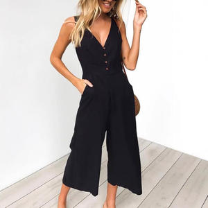 Combinaison sexy pour <span class=keywords><strong>femme</strong></span>, combishort tendance avec poches, col en V, boutons, couleur unie, vêtements pour femmes - Product Image 4