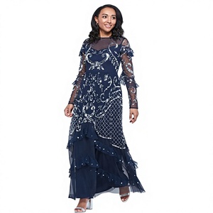 Vestido de noche largo de gasa transparente con cuello alto, lentejuelas florales en relieve, manga larga y corte en A, color azul marino - Product Image 1