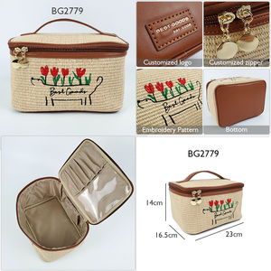 Sinh Thái Thân Thiện Với Rơm Thêu Hoa Du Lịch Cho Túi Mỹ Phẩm Của Phụ Nữ Trang Điểm Túi PU Kim Loại Dây Kéo Kéo Công Suất Lớn Bg - Product Image 5