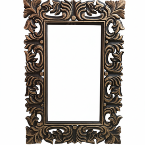 Cadre de miroir rectangulaire orné en bois de manguier, finition noire et dorée antique, fait à la main, miroir mural en bois sculpté floral - Product Image 1